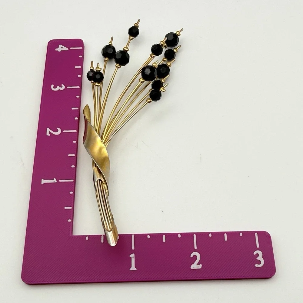Vintage Gold Tone Spray Brooch Black Faceted Beads Floral Statement Pin
